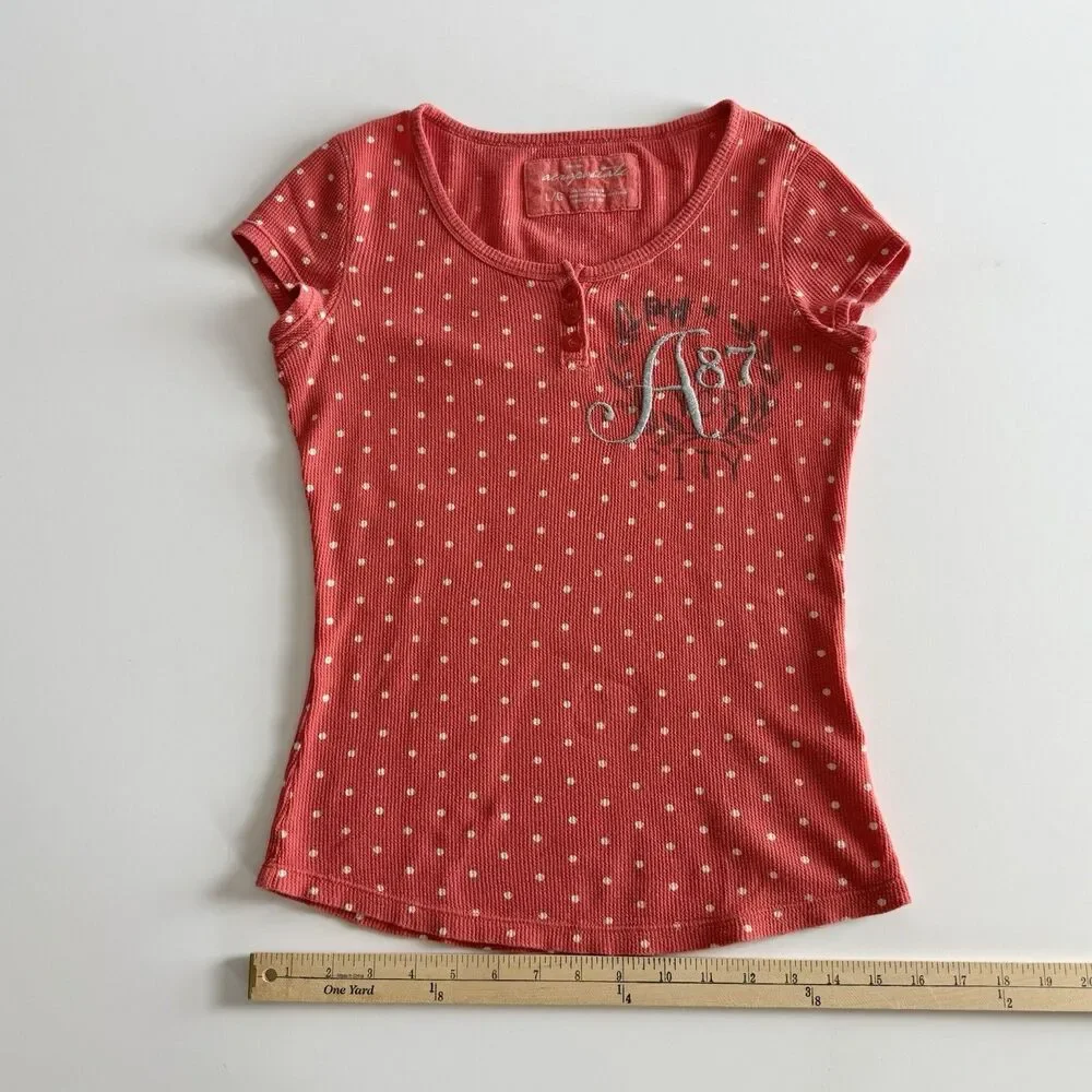 Aeropostale Girls L Orange Polka Dot Henley Waffle Weave Crew Shirt Embroidered